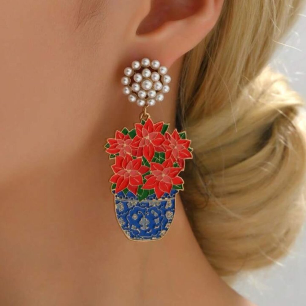 ⭐❤️❤️ FREE Potted Plant Flower Pot Hipster Hippie Artsy Pearl Faux Drop Earrings